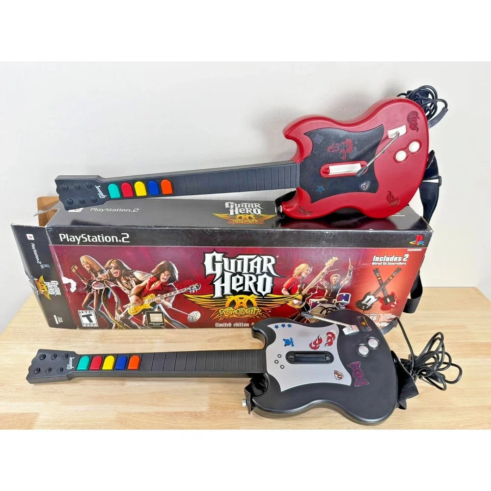 Lot of 2 Guitar Hero Aerosmith PS2 Wired Controllers w/ Original Box - No Game